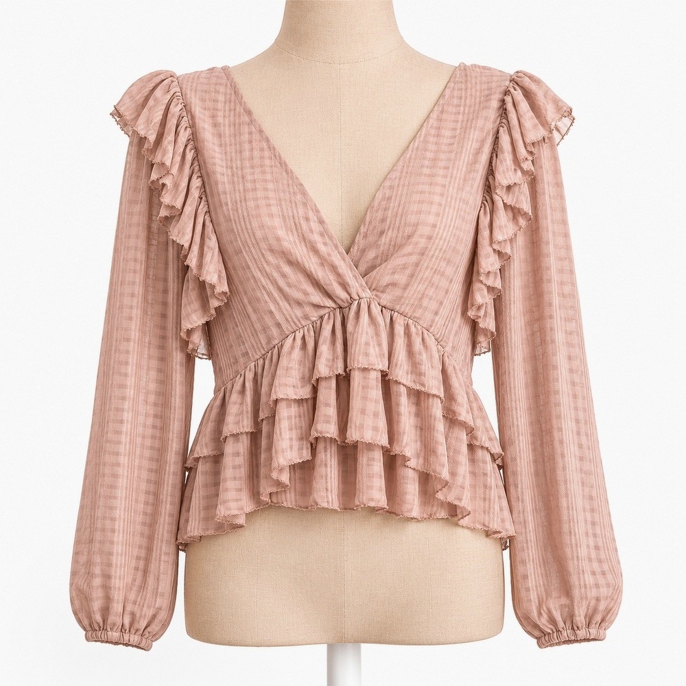 Y2K Express Ruffle Peplum V Neck Peasant Size L Pink Romantic Coquette Festival